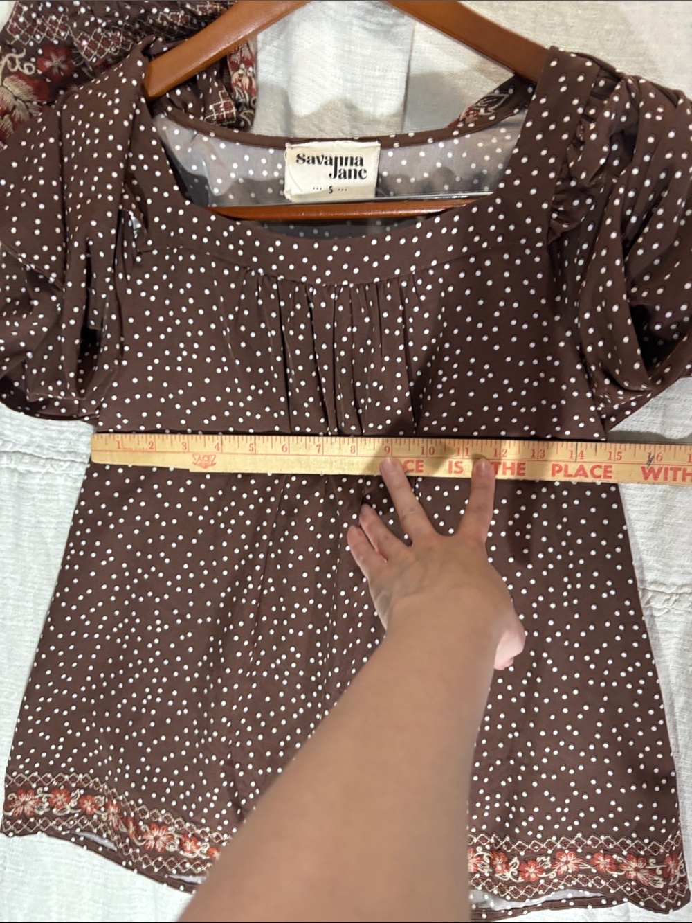 Savanna Jane Brown Polka Dot Blouse Embroidered Floral Hem Balloon Sleeves - Picture 11 of 12